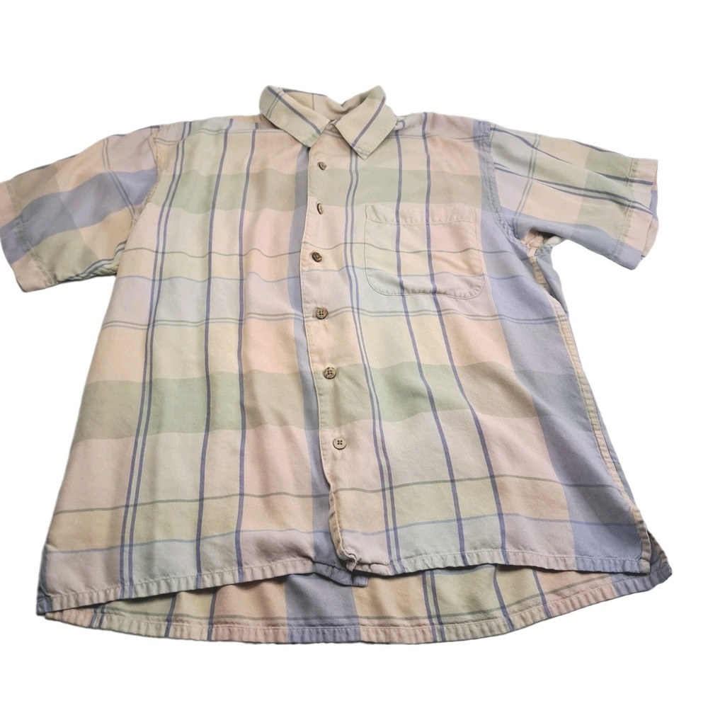 Tom James Vintage Silk Shirt Mens S Button Short Sleeve Pastel Plaid Preppy